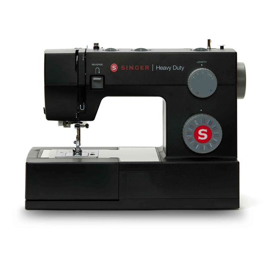 Singer 4432 sewing machine in black shown from the front with white screen